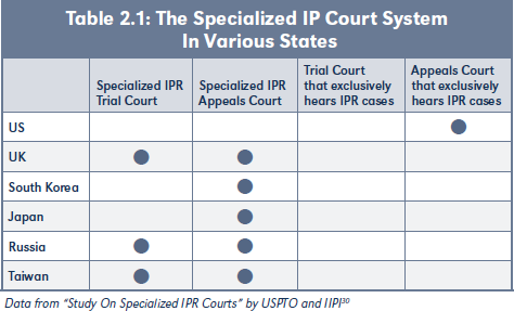 Table 2.1: The Specialized IP Court System In Various States